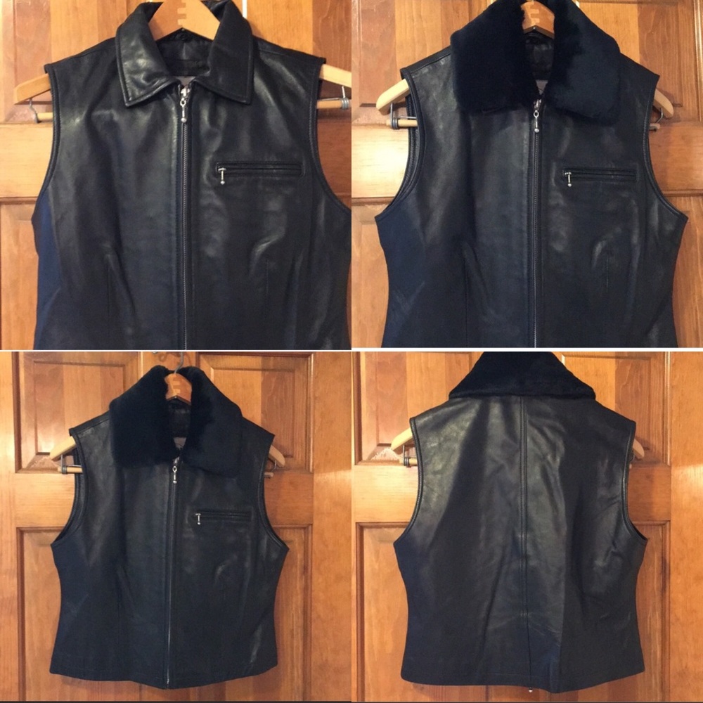 NEW SAGUARO Black Vest GENUINE LEATHER REMOVABLE Fur Collar